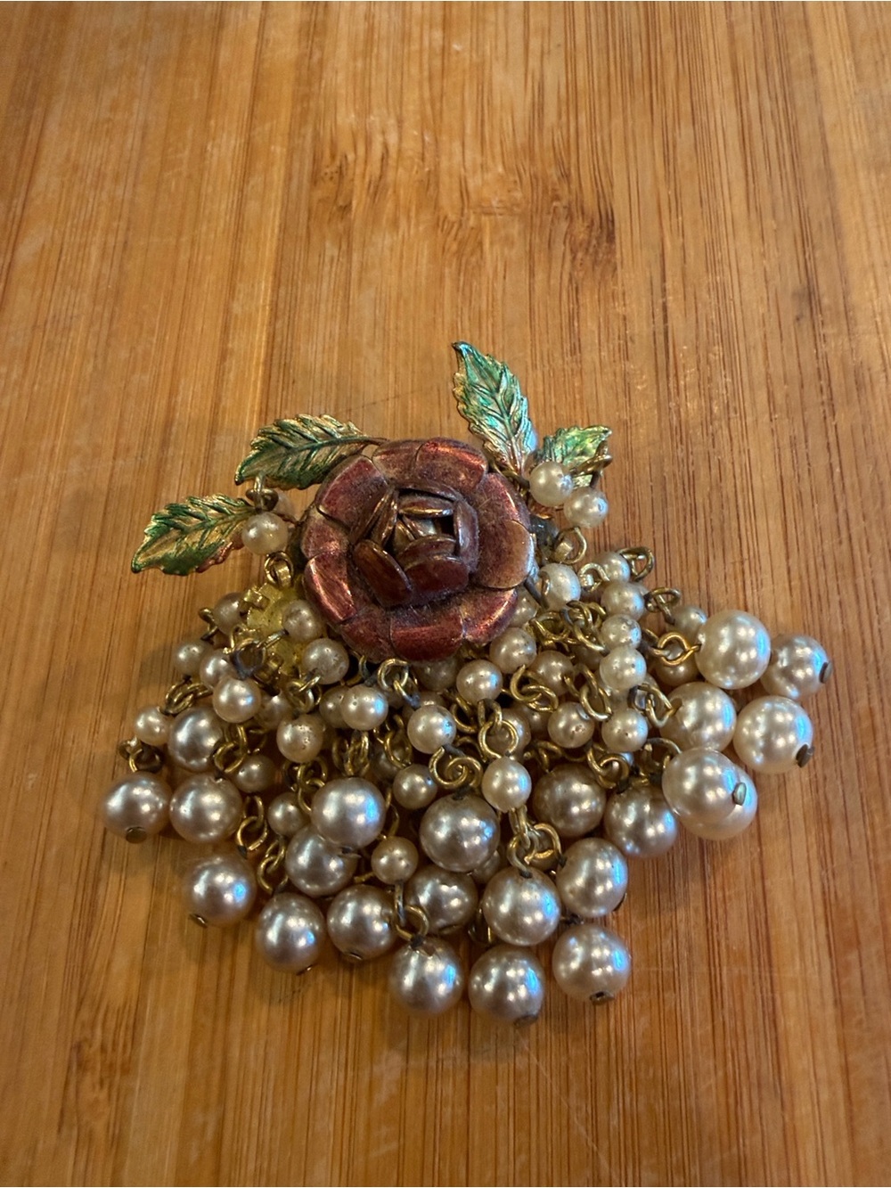 Vintage Floral Cluster Brooch with Faux Pearls and Enamel Leaves